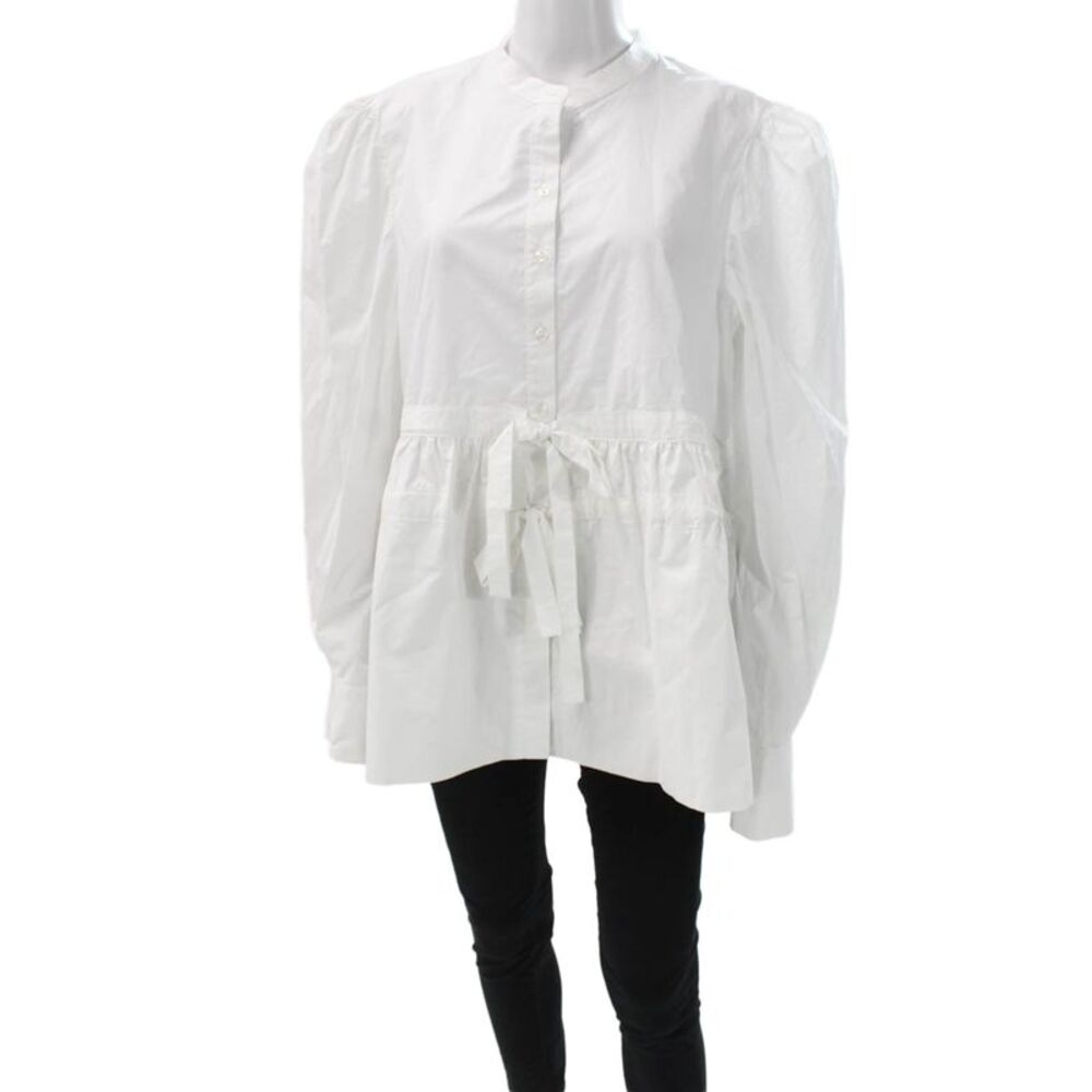 Meimeij Women Tunic Blouse White High Neck Long Sleeve Button Cotton Size 46